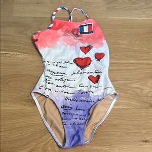 Red and Pink One Piece Swimwear with Heart Patterns